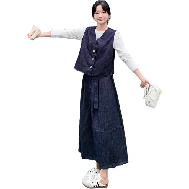 袋鼠 条纹披肩牛仔马甲半身裙三件套裙装套装 女款