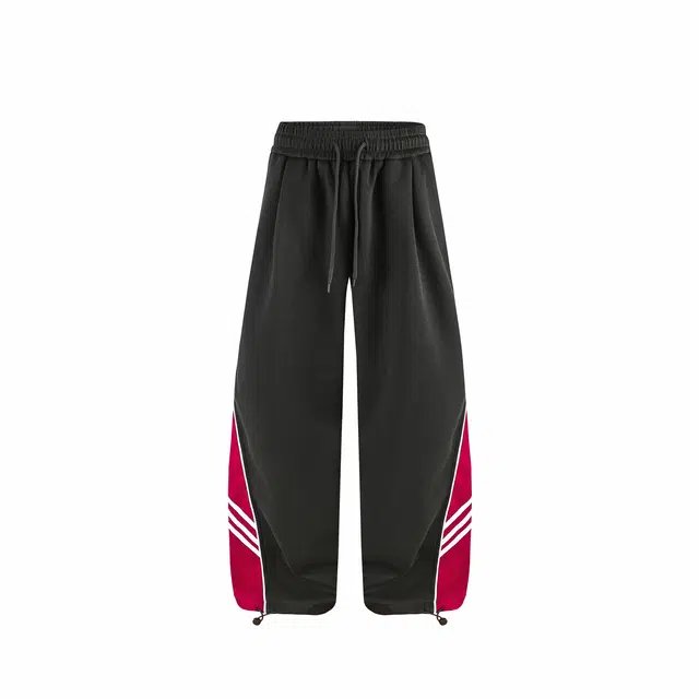 港仔文艺男 美式复古撞色拼接条纹三条杠垂感阔腿抽绳可调节下摆直筒裤百搭宽松休闲裤 男女同款