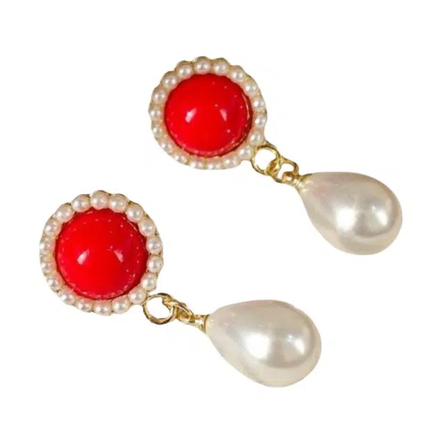 彤彤兔 法式红色耳环女简约气质圆圈耳饰品 合金树脂 耳钉 女款