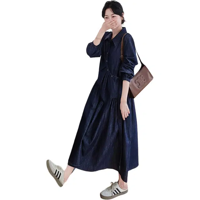 稻草人 复古休闲翻领舒适老钱风牛仔长袖秋连衣裙 女款
