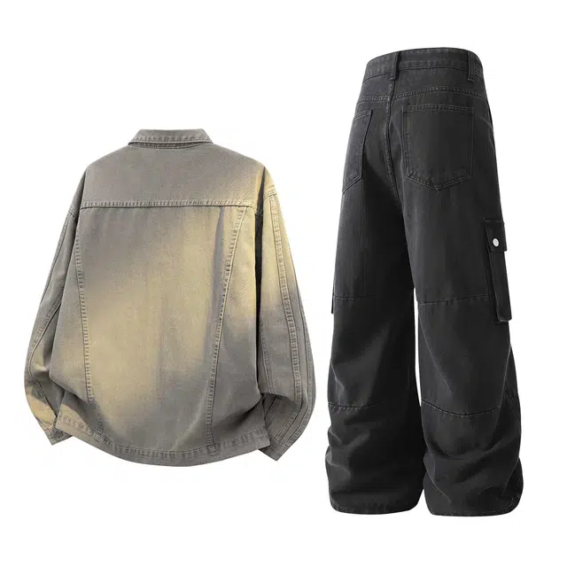 冰飞 美式潮流复古学院风设计感宽松长袖外套翻领日常通勤舒适长裤休闲运动套装 男女同款