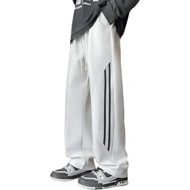 引创 直筒裤子男秋季美式高街潮流百搭升级加长拼接竖条纹男士卫裤休闲裤 男女同款