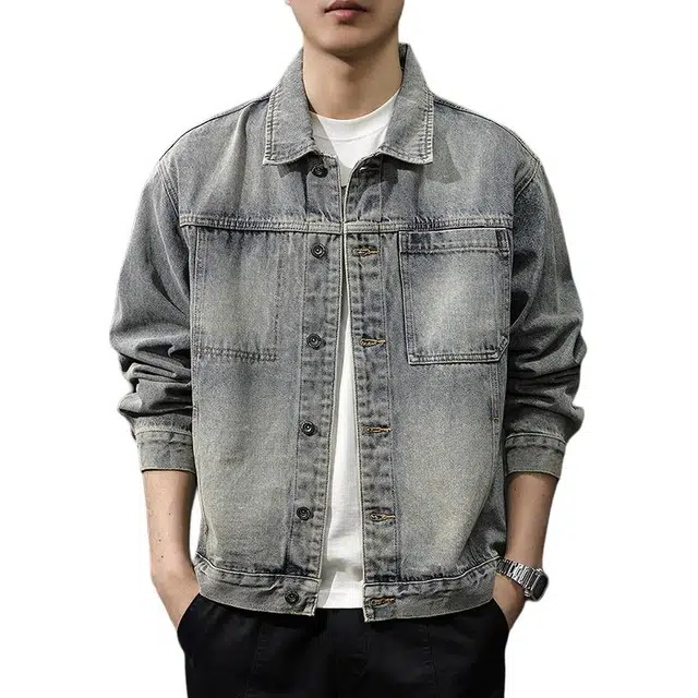 前进牛 秋季美式休闲经典复古潮牌高街极简风多口袋重磅水洗痞帅潮流城市户外宽松大码工装风牛仔外套 男款