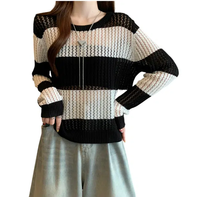 荟萃阁 宽松条纹套头圆领短款镂空针织衫 女款