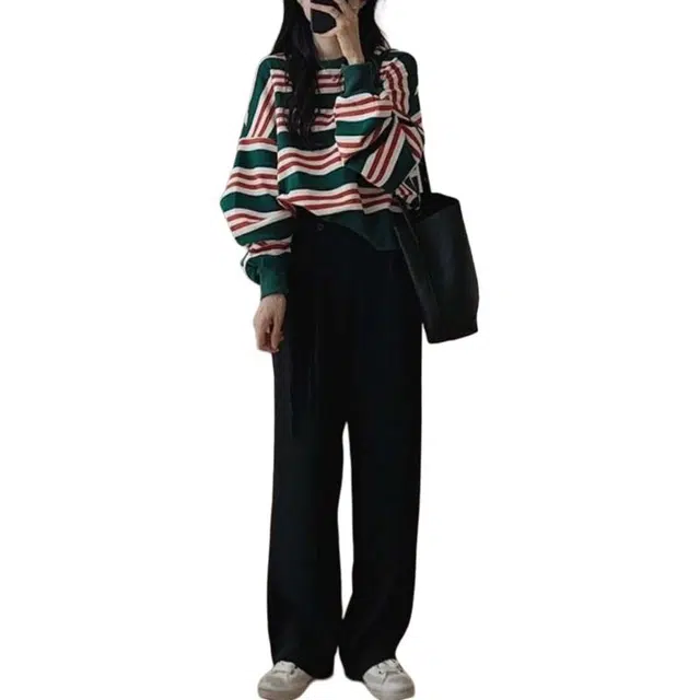 敲模女孩 文艺风条纹盐系卫衣轻熟高级感宽松舒适阔腿长裤休闲套装 女款
