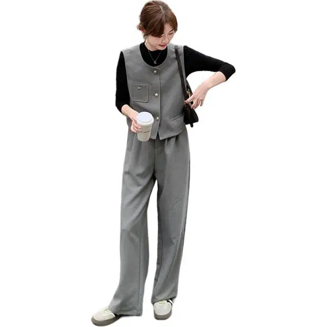 稻草人 法式西装马甲阔腿两件套时尚精美穿搭休闲套装 女款