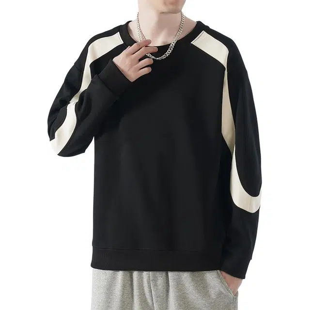 么宁 美式复古宽松圆领打底衫简约百搭套头上衣拼接款撞色外套舒适透气个性时尚卫衣 男女同款