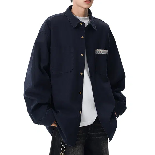 冈哉 纯色简约胸前口袋花边设计美式复古高街时尚潮流宽松休闲日常通勤夹克外套 男女同款