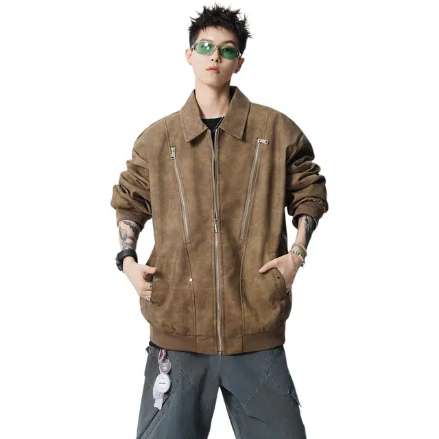 佐菲利 美式高街多拉链皮衣外套潮牌宽松复古痞帅翻领机车夹克 男女同款