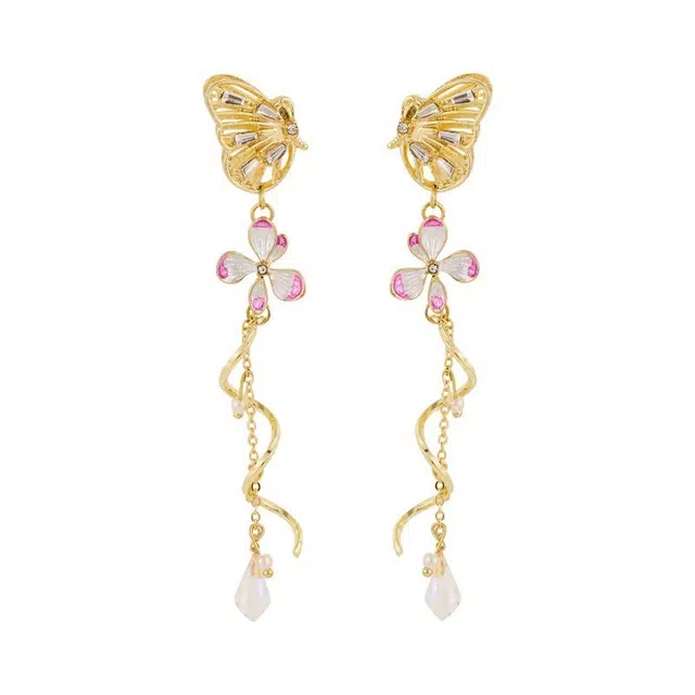 彤彤兔 梦幻不对称蝴蝶花朵耳环女复古耳坠超仙耳饰品#好运 合金树脂 耳钉 女款