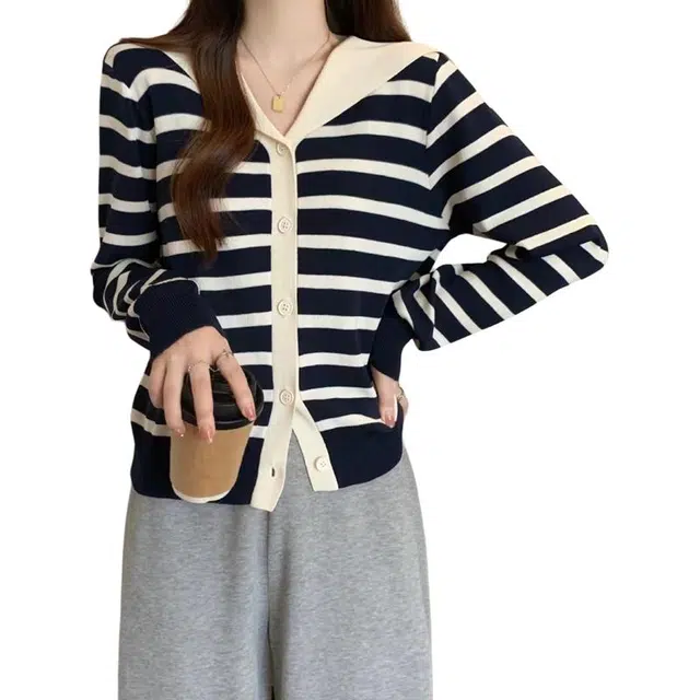 沐晓欣 春秋季条纹海军领长袖上衣开衫百搭针织衫 女款