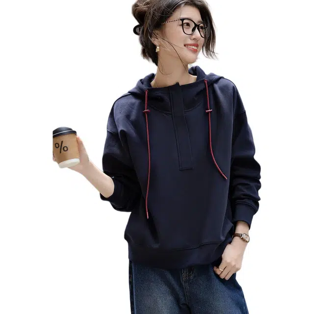 【dme】 秋季连帽半开襟拉链宽松小个子舒适休闲时尚百搭显瘦简约慵懒运动卫衣 女款