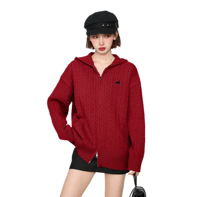 柏黛妃 连帽麻花舒适针织衫双拉链加厚本命年开衫上衣 女款