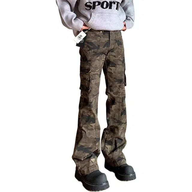 徐百货 美式复古迷彩多口袋修身工装裤春夏秋款嘻哈直筒显瘦高级感百搭微喇裤牛仔裤 男女同款