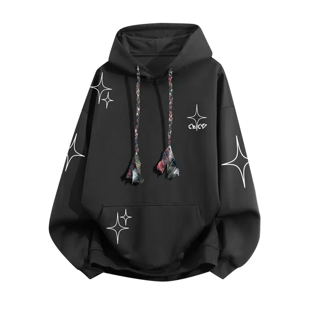 草本初色 美式复古潮流彩绳装饰品牌几何趣味图形字母印花落肩松紧秋冬季保暖少年感休闲时尚户外百搭舒适日常通勤连帽套头衫卫衣 男女同款