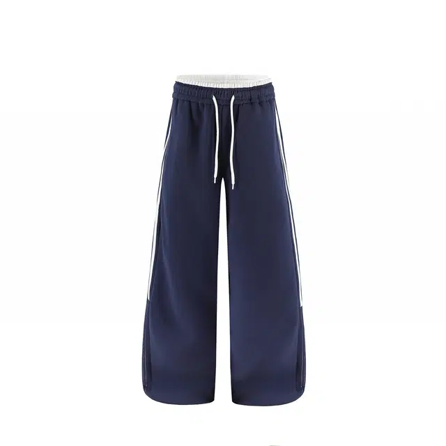 港仔文艺男 撞色拼接条纹美式复古经典三条杠抽绳可调节下摆垂感直筒裤宽松百搭潮流休闲裤 男女同款