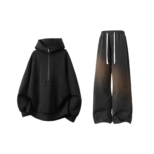 【结构拼接半拉链连帽牛仔裤一套】布客行 纯色套头简约百搭亲肤舒适港风痞帅长袖外套抽绳水洗做旧显高显瘦休闲长裤卫衣套装 男女同款