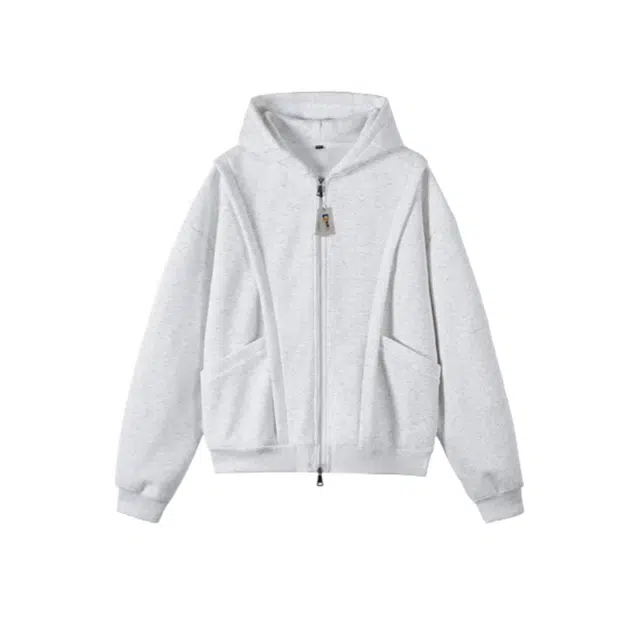 地界二 美式高街设计感拼接开衫连帽潮牌宽松情侣休闲外套卫衣 男款