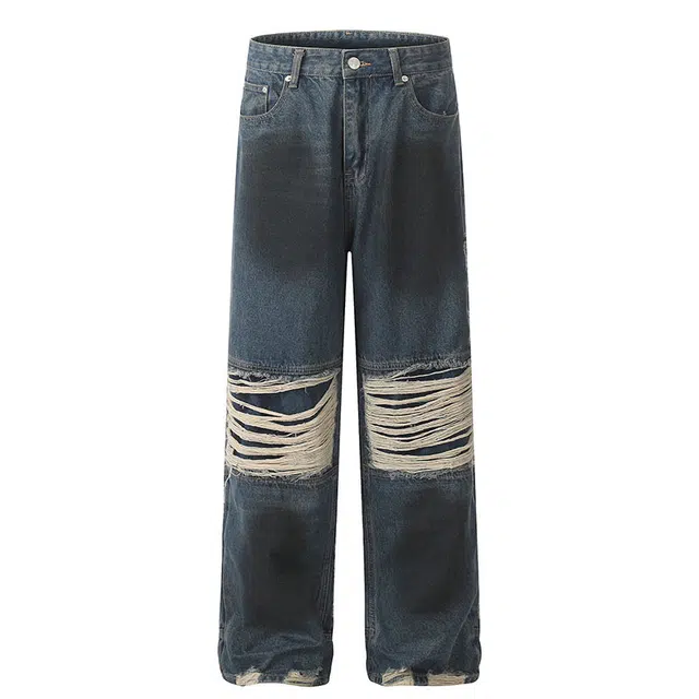 极限涡轮 美式复古高街做旧破洞喷墨宽松休闲百搭设计感长裤牛仔裤 男女同款