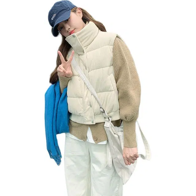 沐晓欣 秋季韩系修身条女休闲简约立领无袖棉外套马甲 女款