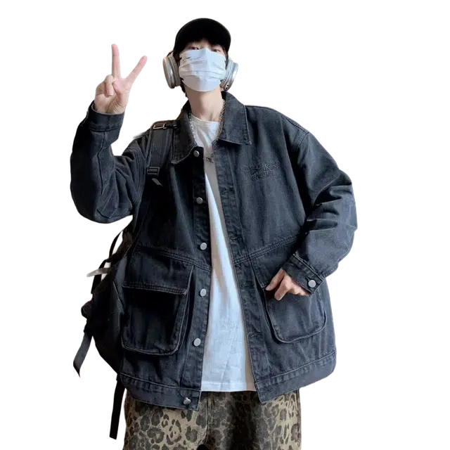 一碗士多 美式复古纯色简约做旧单排扣宽松大口袋设计日常通勤户外个性痞帅时尚翻领落肩袖经典牛仔夹克 男女同款