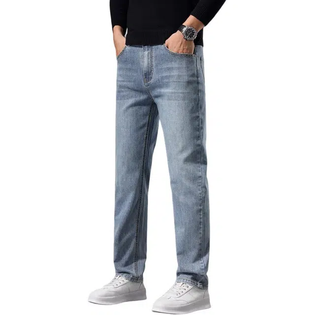 潮人榜 秋冬季高端潮牌修身舒适弹力男士长裤子美式潮流时尚宽松休闲百搭轻商务小直筒牛仔裤 男款