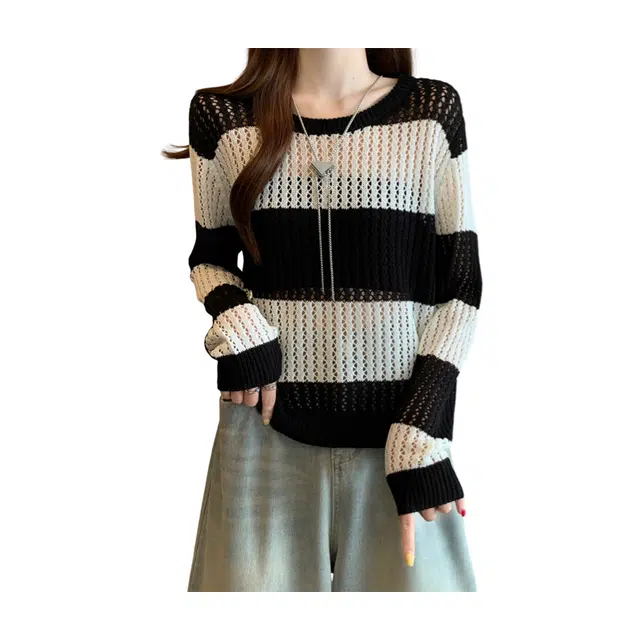 荟萃阁 宽松条纹套头圆领短款镂空针织衫 女款