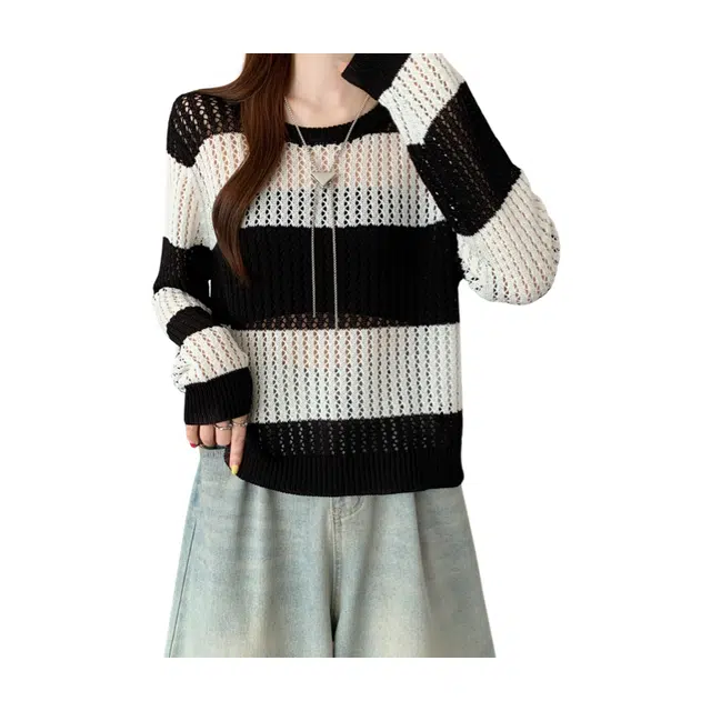 荟萃阁 宽松条纹套头圆领短款镂空针织衫 女款