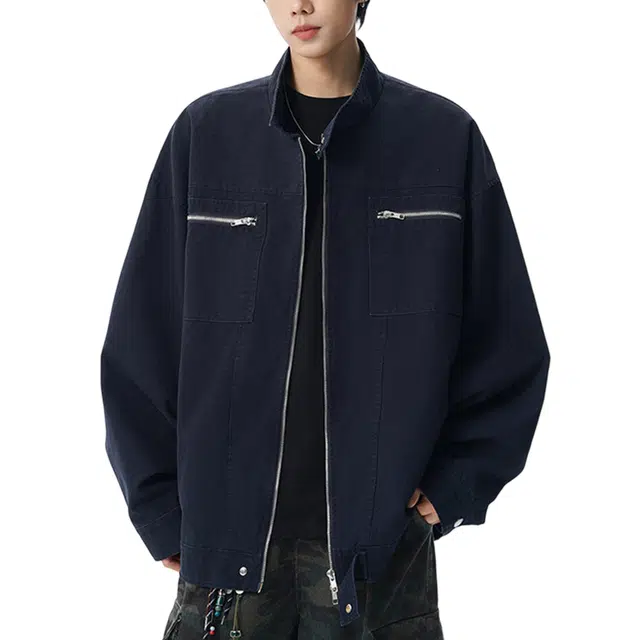 冈哉 解构多口袋拼接双拉链纯色工装设计美式复古高级感水洗做日耐磨透气立领夹克外套 男女同款