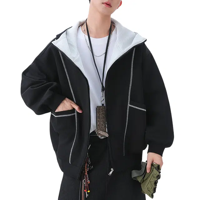 冈哉 反缝线解构拼接立领开衫设计美式潮牌嘻哈高街基础机能风百搭宽松休闲时尚卫衣 男女同款