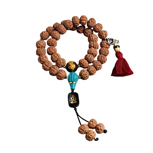 宣华意 【收藏级】新中式时尚高端老树王五瓣双龙纹原籽佛珠雪巴琉璃配饰藏式文玩手持念珠#好运 金刚菩提 手串 男女同款情侣款