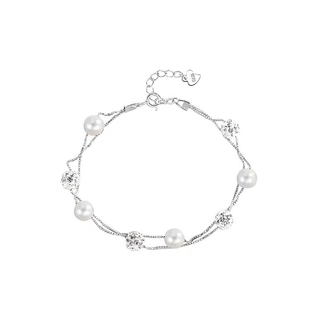 清脆小溪 双层闪球珍珠手饰小众设计感轻奢浪漫高级感时尚个性精致简约日常百搭温柔 合金 手链 女款