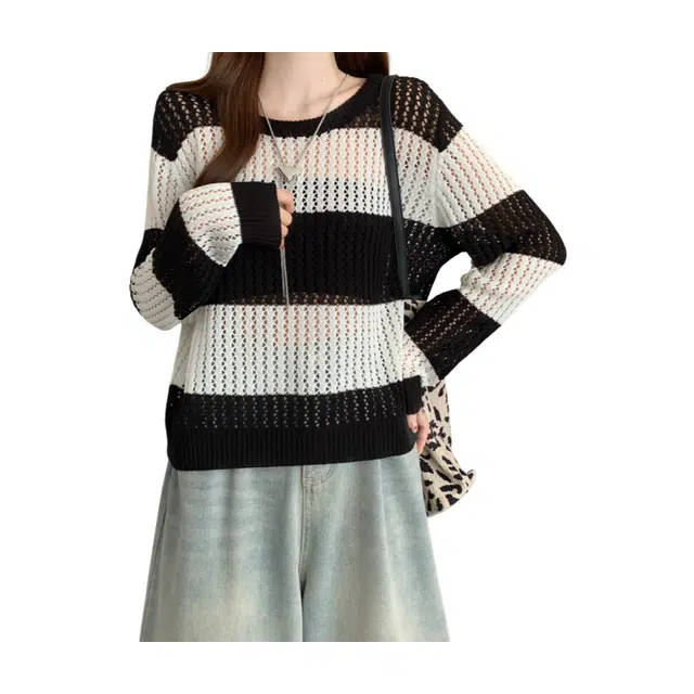 荟萃阁 宽松条纹套头圆领短款镂空针织衫 女款