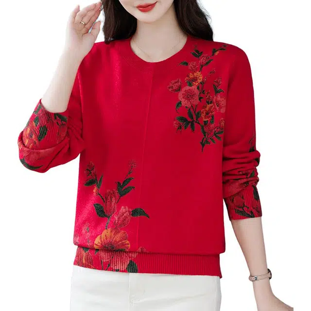 袋鼠 舒适简约宽松百搭亲肤圆领中式印花妈妈装针织衫 女款