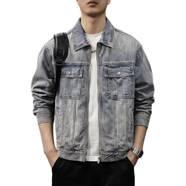 前进牛 美式休闲经典复古潮牌高街现代风翻领重磅竹节潮流高端水洗宽松大码多口袋工装牛仔外套 男款