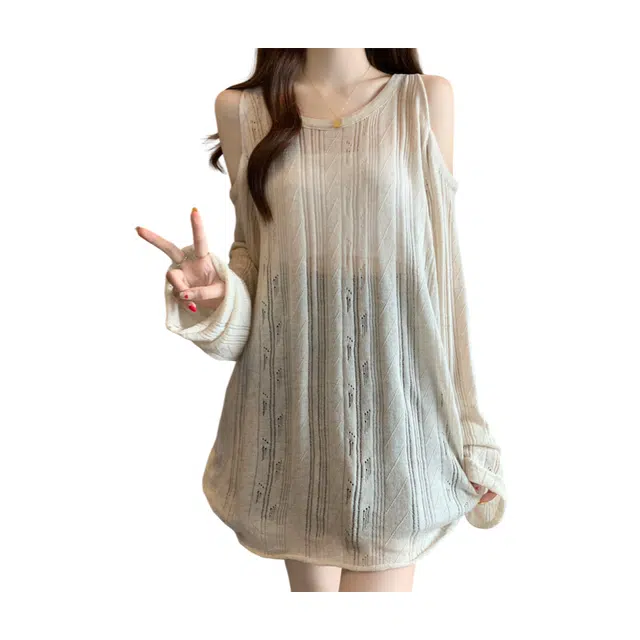 荟萃阁 漏肩薄款宽松慵懒风肌理感长袖上衣针织衫 女款