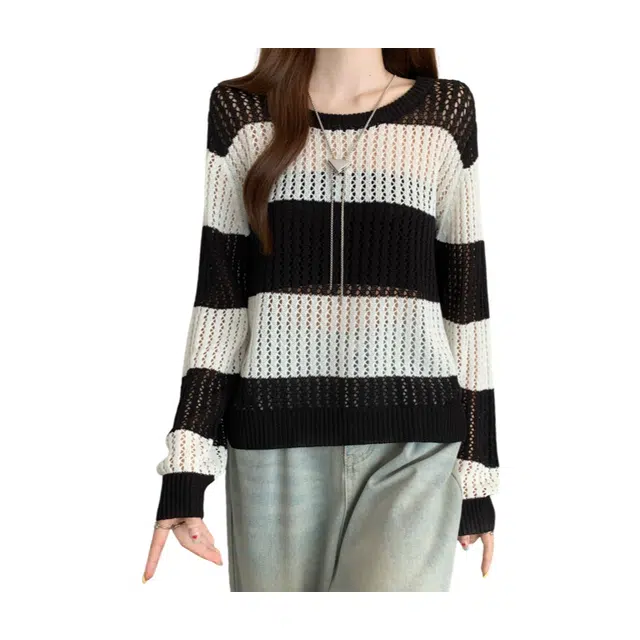 荟萃阁 宽松条纹套头圆领短款镂空针织衫 女款