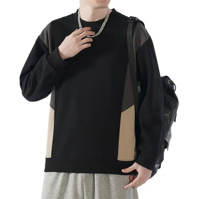 么宁 美式复古宽松圆领打底衫简约百搭套头长袖上衣拼接款撞色外套舒适透气个性时尚卫衣 男女同款