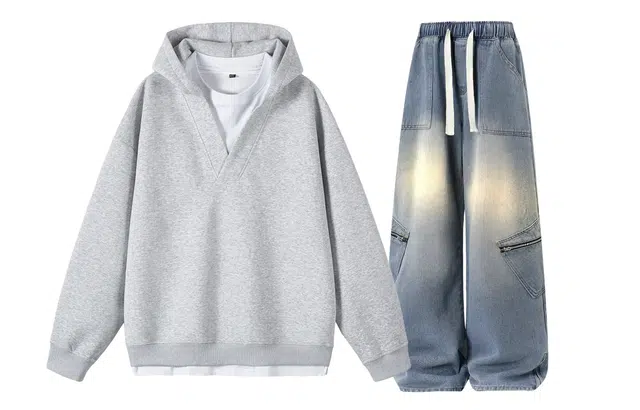 梓润格 秋冬美式高街潮牌假两件基础简约时尚百搭连帽长袖上衣水洗拉链复古阔腿牛仔裤卫衣套装 男女同款