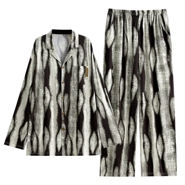 潞优野 高级感舒适条纹莫代尔冰丝长袖家居服春秋款睡衣套装 男款