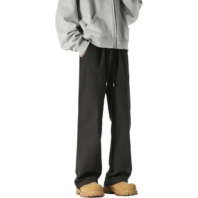 弧线结构拼接设计赫赫良衣 美式复古痞帅高街少年感纯色基础款直筒垂感长裤百搭舒适运动显高显瘦小众高级感学院风韩系潮牌休闲裤 男女同款