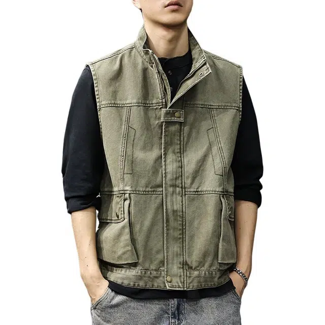 前进牛 秋季美式休闲复古高街潮牌军事风立领战术牛仔秋潮流痞帅纯棉做旧户外宽松重磅坎肩外套马甲 男款