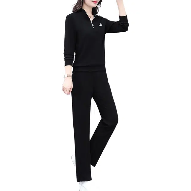 缪斯的诱惑 春秋穿搭一整套优雅气质洋气减龄学院风简约半拉链立领卫衣长袖上衣舒适百搭透气高腰阔腿长裤两件套轻便时尚运动休闲套装  女款