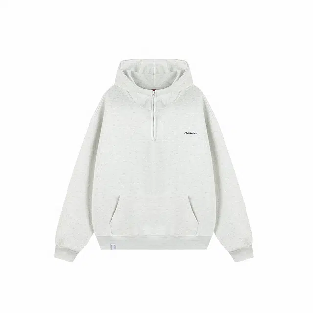 港仔文艺男 美式重磅半拉链刺绣字母下摆小标设计落肩百搭上衣休闲宽松舒适简约套头连帽卫衣 男女同款