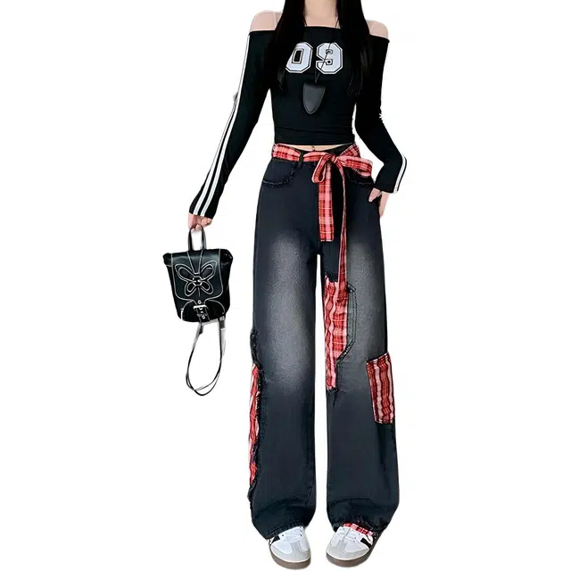 徐百货 美式高街潮牌百搭蝴蝶结水洗做旧牛仔裤秋季宽松阔腿设计感潮流别致直筒长裤休闲裤 男女同款