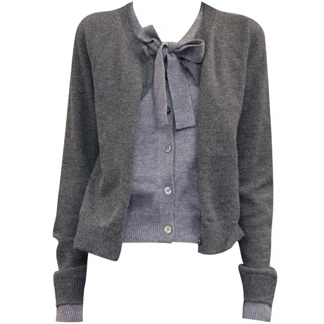 桴生 韩系秋冬慵懒温柔风假两件拼接开衫女装针织衫 女款