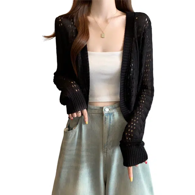 荟萃阁 韩版蕾丝外套女复古镂空长袖开衫小针织衫 女款