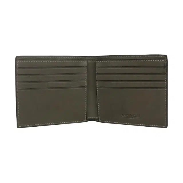 COACH 10 Logo Embossed Leather Bi-Fold Wallet Military Green