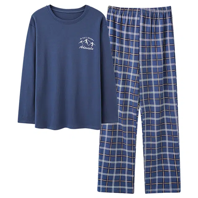 俏佳人 纯色简约基础圆领套头休闲亲肤舒适透气可外穿家居服长袖长裤睡衣套装 男款