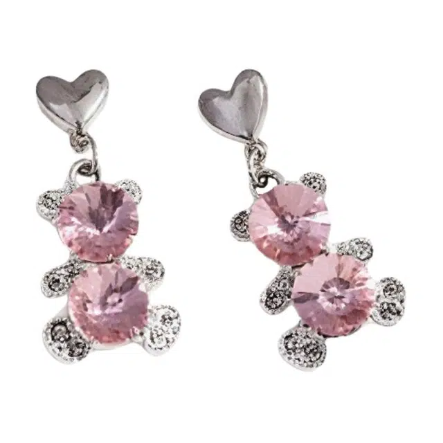 彤彤兔 粉色卡通小熊爱心耳环女小众设计感镶钻可爱风耳坠耳饰品 合金树脂 耳钉 女款